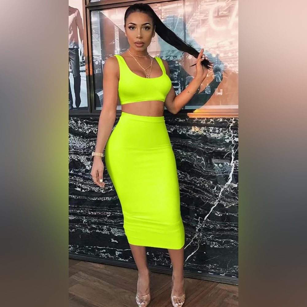 Women's Sexy Bodycon Outfit, Tank Top Midi Skirt 2 Piece Neon Green
